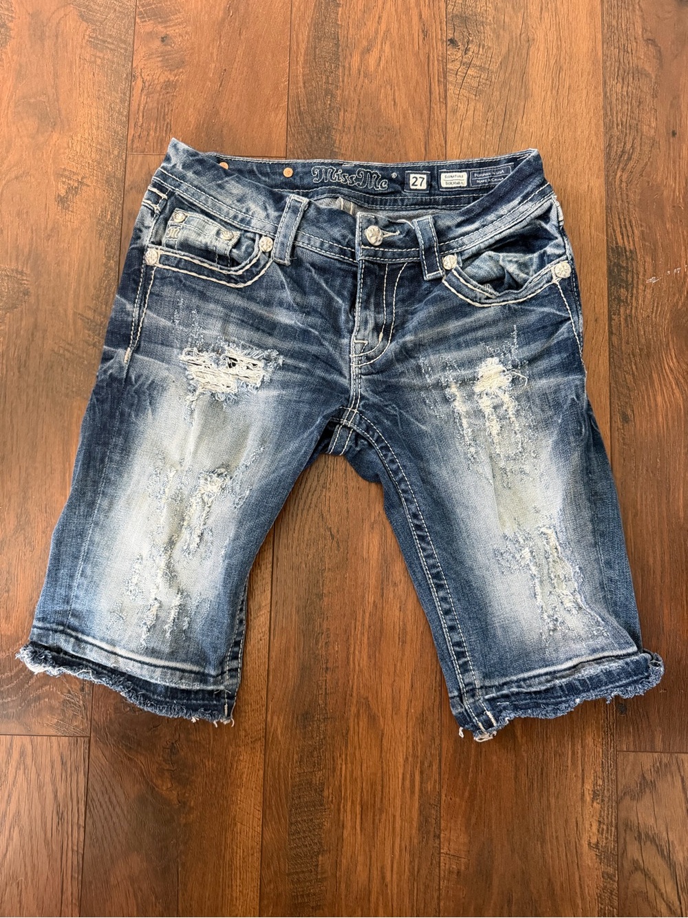 Miss Me Distressed Denim Bermuda Shorts - Dark Blue